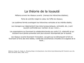 La théorie de la loyauté Méfiance envers les réseaux ouverts  (menace les hiérarchies établies);  Perte de contrôle malgré la valeur de l’effet de réseaux; Les systèmes fermés avantagent les hiérarchies verticales et les intérêts établis; Les managers qui réglementent trop (silos bureaucratiques, verticalité, etc.,) sont souvent confrontés aux «sorties» et aux «voix»... Les organisations qui favorisent la collaboration(accès aux outils 2.0, créativité) et qui écoutent leurs parties prenantes sont plus souvent récompensés par la loyauté. Les réseaux ouverts favorisent l’innovation. Les gens qui se démarquent le font en favorisant la force des liens faibles, l’utilité des accointances virtuelles et la sagesse de la foule... Référence:  Fraser, M., Dutta, S.,  Throwing Sheep in the Boardroom, How Online Social Networking Will Transform your Life, Work and World , Wiley, 2008, 332 p. 