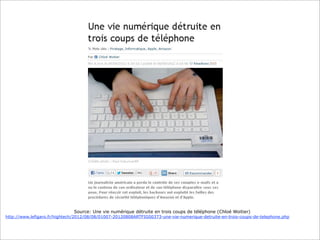 Source: Une vie numérique détruite en trois coups de téléphone (Chloé Woitier)

http://www.lefigaro.fr/hightech/2012/08/08/01007-20120808ARTFIG00373-une-vie-numerique-detruite-en-trois-coups-de-telephone.php

 