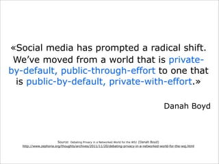 «Social media has prompted a radical shift.
We’ve moved from a world that is privateby-default, public-through-effort to one that
is public-by-default, private-with-effort.»
Danah Boyd

Source: Debating Privacy in a Networked World for the WSJ (Danah Boyd)
http://www.zephoria.org/thoughts/archives/2011/11/20/debating-privacy-in-a-networked-world-for-the-wsj.html

 