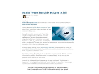 Source:Racist tweets result in 56 days of jail (Sonia Paul)
http://mashable.com/2012/03/28/racist-twitter-user-jailed/

 