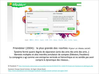 Friendster (2004): la plus grande des «sorties «(pour un réseau social)
Système fermé: quatre degrés de séparation (amis des amis des amis des amis...)
Identités multiples et alias interdits; annulation de comptes (Fakesters, Fraudsters)
La compagnie a agi comme une entreprise verticale et hiérarchique et ne semble pas avoir
compris la dynamique des réseaux...
Et Facebook ?? http://technaute.cyberpresse.ca/nouvelles/internet/201004/07/01-4268179-fronde-anti-facebook-en-allemagne.php
Facebook Changes Social Contract, Yet Again (Stowe Boyd)

http://www.stoweboyd.com/message/facebook-changes-social-contract-yet-again.html

 