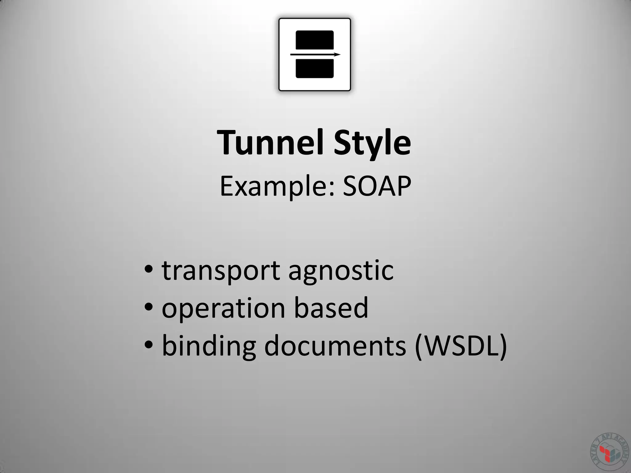 Tunnel Style
Example: SOAP
• transport agnostic
• operation based
• binding documents (WSDL)
 