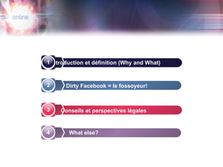 Introduction et définition (Why and What) Conseils et perspectives légales What else? 1 Dirty Facebook = le fossoyeur!  F  2 3 4 