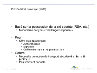 PKI: Certificat numérique (X509) Basé sur la possession de la clé secrète (RSA, etc.) Mécanisme de type « Challenge Response » Pour Offre plus de services: Authentification Signature Chiffrement –  non répudiation Contre Nécessite un moyen de transport sécurisé  de la clé privée Pas vraiment portable 