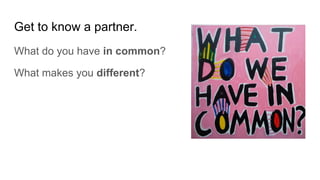 Get to know a partner.
What do you have in common?
What makes you different?
 