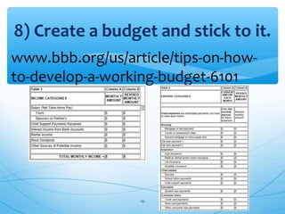 8) Create a budget and stick to it.
www.bbb.org/us/article/tips-on-how-
to-develop-a-working-budget-6101
29
 