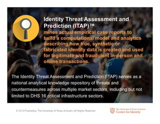 © 2018 Proprietary, The University of Texas at Austin, All Rights Reserved.
Identity Threat Assessment and
Prediction (ITAP)™
mines actual empirical case reports to
build a computational model and analytics
describing how true, synthetic or
fabricated identity data is created and used
for legitimate and fraudulent in-person and
online transactions.
The Identity Threat Assessment and Prediction (ITAP) serves as a
national analytical knowledge repository of threats and
countermeasures across multiple market sectors, including but not
limited to DHS 16 critical infrastructure sectors.
 
