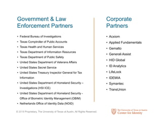 © 2018 Proprietary, The University of Texas at Austin, All Rights Reserved.
Government & Law
Enforcement Partners
•  Federal Bureau of Investigations
•  Texas Comptroller of Public Accounts
•  Texas Health and Human Services
•  Texas Department of Information Resources
•  Texas Department of Public Safety
•  United States Department of Veterans Affairs
•  United States Secret Service
•  United States Treasury Inspector General for Tax
Information
•  United States Department of Homeland Security –
Investigations (HSI ICE)
•  United States Department of Homeland Security -
Office of Biometric Identity Management (OBIM)
•  Netherlands Office of Identity Data (NOID)
Corporate
Partners
•  Acxiom
•  Applied Fundamentals
•  Gemalto
•  Generali Assist
•  HID Global
•  ID Analytics
•  LifeLock
•  IDEMIA
•  Symantec
•  TransUnion
 