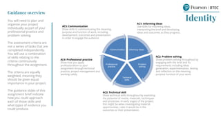 Guidance overview
You will need to plan and
organise your project
individually as part of your
professional practice and
problem solving.
The assessment criteria are
not a series of tasks that are
completed independently.
You will use a combination
of skills relating to the
criteria continuously
throughout the assignment.
The criteria are equally
weighted, meaning they
should be given equal
importance in your project.
The guidance slides of this
assignment brief indicate
how you could approach
each of those skills and
what types of evidence you
could produce.
Identity
AC1: Informing ideas
Use skills for informing ideas,
interpreting the brief and developing
ideas and outcomes as they progress.
AC2: Problem solving
Show problem solving throughout by
engaging with the brief and its
requirements including ideas
generation, experimentation, testing
and reflection on the meaning,
purpose function of your work.
AC3: Technical skill
Show technical skills throughout by exploiting
the potential of media, materials, techniques
and processes. In early stages of the project,
this might be when investigating material
opportunities. Later it would be in the
outcomes or their presentation.
AC4: Professional practice
Show how you apply
professionalism to your
assignment through technical
practice, project management and
working safely.
Informing ideas
Problem
solving
Technical
skills
Professional
practice
Communication
AC5: Communication
Show skills in communicating the meaning,
purpose and function of work, including
development, outcomes and presentation,
in order to engage the audience.
 