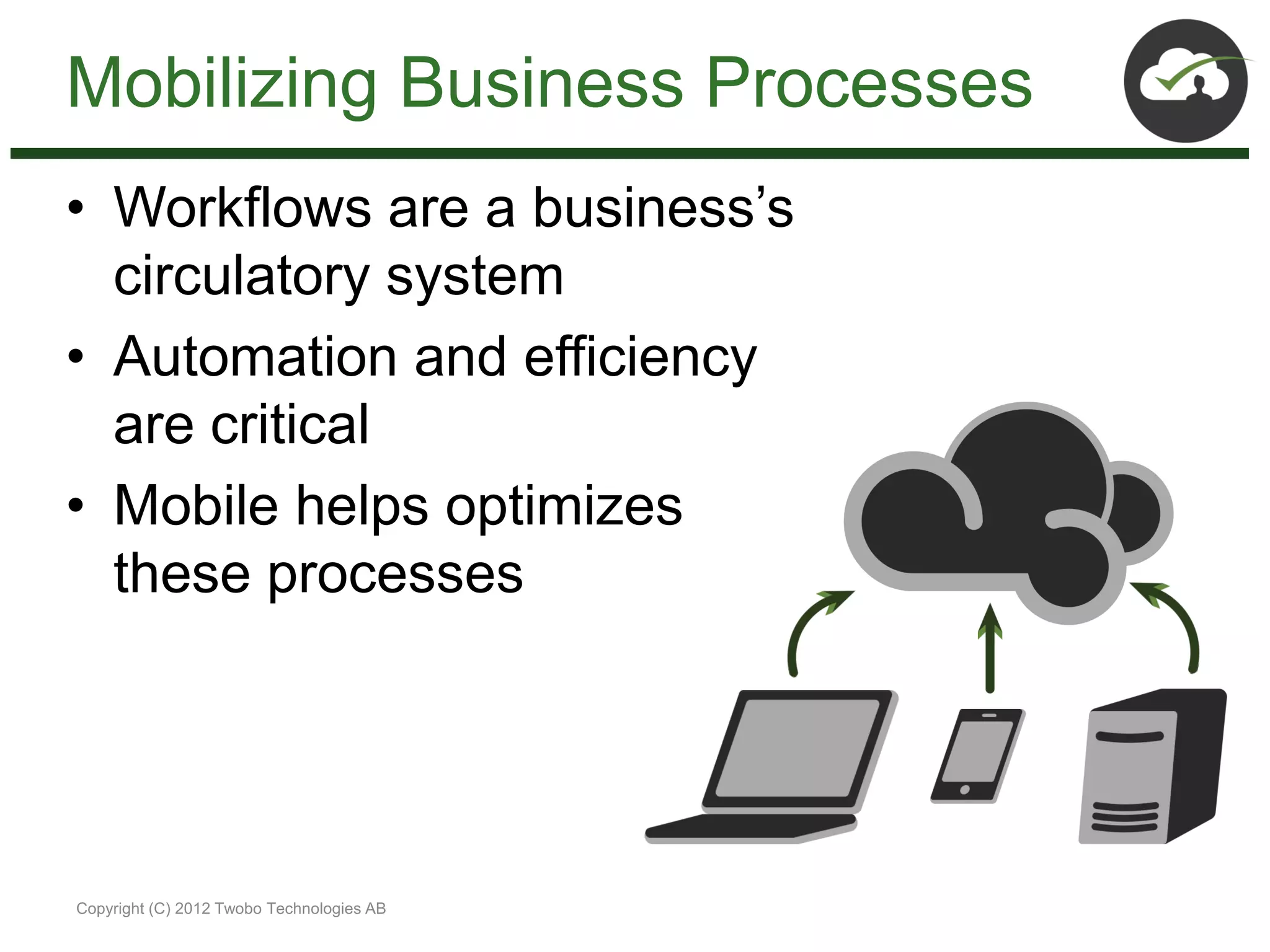 Mobilizing Business Processes
• Workflows are a business’s
  circulatory system
• Automation and efficiency
  are critical
• Mobile helps optimizes
  these processes




Copyright (C) 2012 Twobo Technologies AB
 