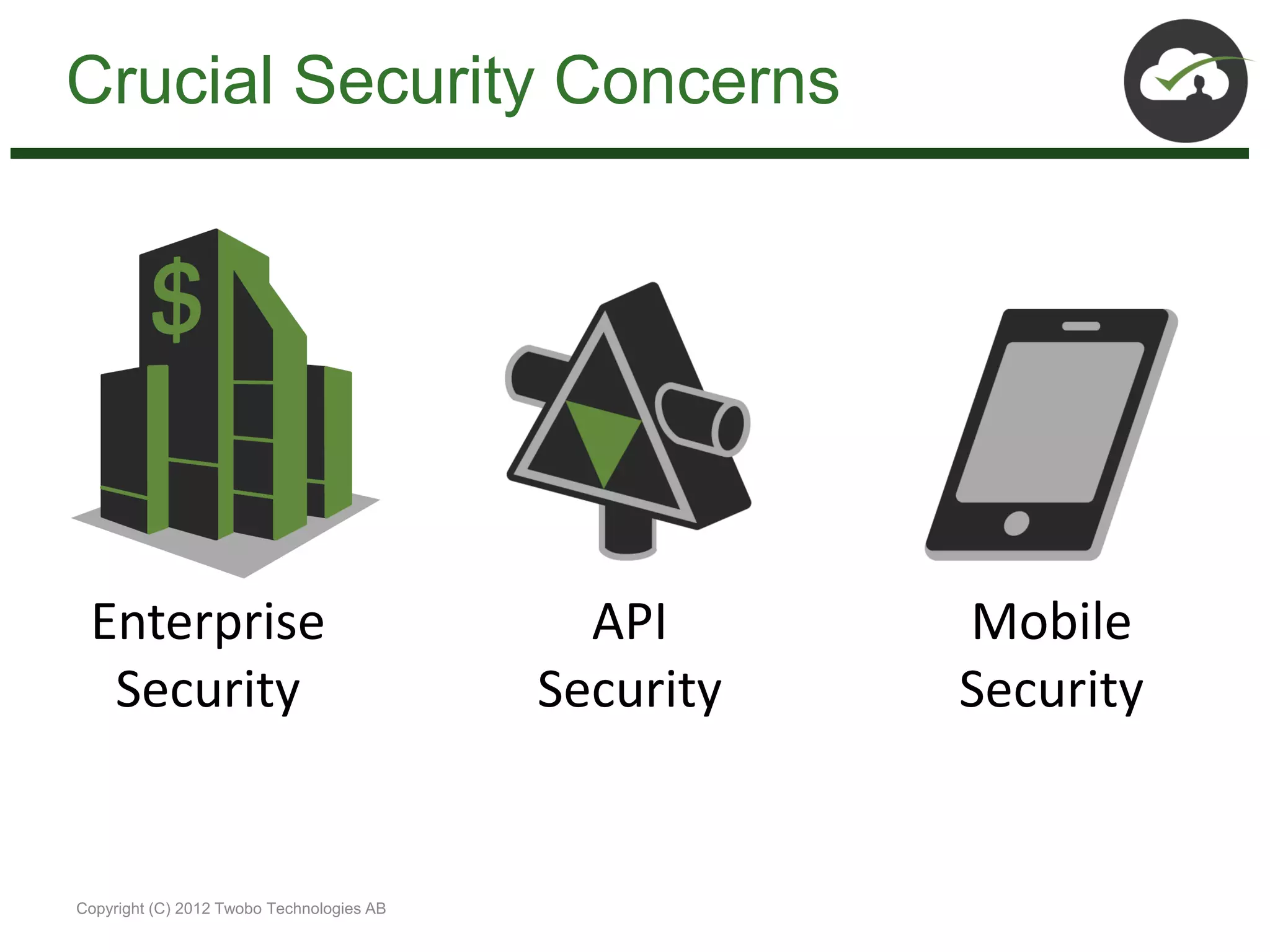 Crucial Security Concerns




 Enterprise                                  API      Mobile
  Security                                 Security   Security


Copyright (C) 2012 Twobo Technologies AB
 