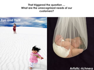 That triggered the question … What are the unrecognized needs of our customers? Fun and Thrill Artistic richness 
