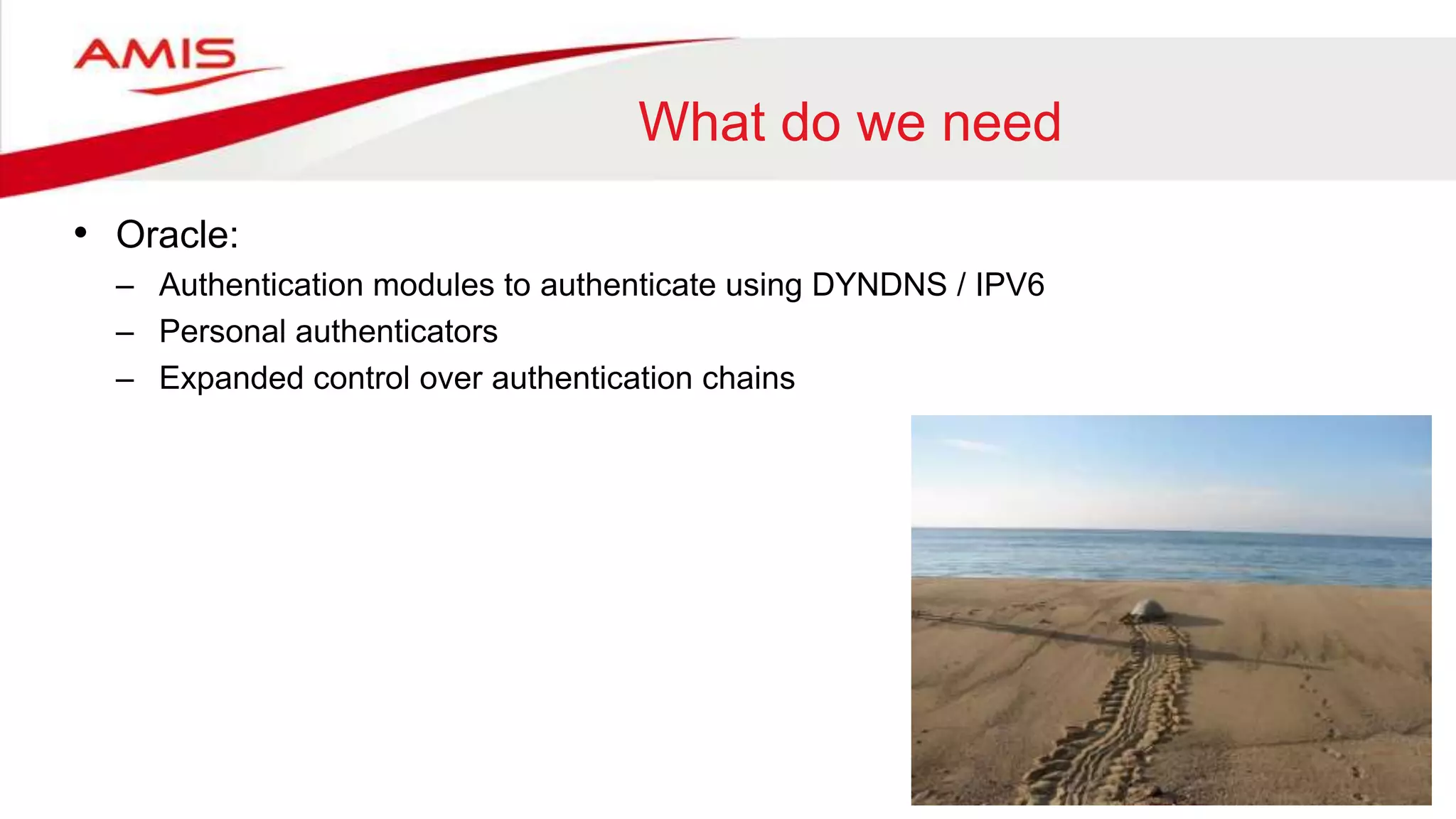 What do we need
• Oracle:
– Authentication modules to authenticate using DYNDNS / IPV6
– Personal authenticators
– Expanded control over authentication chains
 