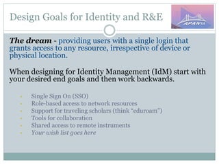 Design Goals for Identity and R&E
The dream - providing users with a single login that
grants access to any resource, irrespective of device or
physical location.
When designing for Identity Management (IdM) start with
your desired end goals and then work backwards.
• Single Sign On (SSO)
• Role-based access to network resources
• Support for traveling scholars (think “eduroam”)
• Tools for collaboration
• Shared access to remote instruments
• Your wish list goes here
 