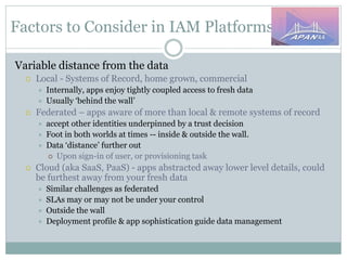 Factors to Consider in IAM Platforms
Variable distance from the data
 Local - Systems of Record, home grown, commercial
 Internally, apps enjoy tightly coupled access to fresh data
 Usually ‘behind the wall’
 Federated – apps aware of more than local & remote systems of record
 accept other identities underpinned by a trust decision
 Foot in both worlds at times -- inside & outside the wall.
 Data ‘distance’ further out
 Upon sign-in of user, or provisioning task
 Cloud (aka SaaS, PaaS) - apps abstracted away lower level details, could
be furthest away from your fresh data
 Similar challenges as federated
 SLAs may or may not be under your control
 Outside the wall
 Deployment profile & app sophistication guide data management
 