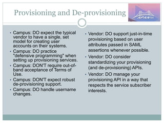 Provisioning and De-provisioning
• Campus: DO expect the typical
vendor to have a single, set
model for creating user
accounts on their systems.
• Campus: DO practice
"defensive programming" when
setting up provisioning services.
• Campus: DON'T require out-of-
band acceptance of Terms of
Use.
• Campus: DON'T expect robust
de-provisioning support.
• Campus: DO handle username
changes.
• Vendor: DO support just-in-time
provisioning based on user
attributes passed in SAML
assertions whenever possible.
• Vendor: DO consider
standardizing your provisioning
(and de-provisioning) APIs.
• Vendor: DO manage your
provisioning API in a way that
respects the service subscriber
interests.
 