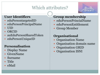 Which attributes?
User Identifiers
 eduPersontargetedID
 eduPersonPrincipalName
 UID
 ORCID
 auEduPersonSharedToken
 eduPersonUniqueID
Personalisation
 Display Name
 GivenName
 Surname
 Title
 eMail
Group membership
 eduPersonPrincialName
 eduPersonEntitlement
 Group Member
Organisational
 Organisation Name
 Organisation domain name
 Organisation GRID
 Organisation ISNI
 