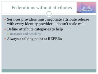 Federations without attributes
 Services providers must negotiate attribute release
with every Identity provider – doesn't scale well
 Define Attribute categories to help
 Research and Scholarly
 Always a talking point at REFEDs
 