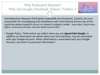 Why Federated Identity?
Why not Google, Facebook, Yahoo!, Twitter..?
Interfederation Research Participants (eduGAIN via InCommon, Canarie, etc.) are
responsible for investigating and compliance with international privacy law of the
countries where research occurs or research subjects reside - Susan Blair, Chief Privacy
Officer, University of Florida, Internet2 Global Summit 2015
• Google Policy: “Information we collect when you are signed into Google, in
addition to information we obtain about you from partners, may be associated
with your Google Account. When information is associated with your Google
Account, we treat it as personal information.”
 