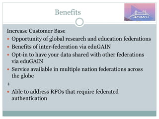 Benefits
Increase Customer Base
 Opportunity of global research and education federations
 Benefits of inter-federation via eduGAIN
 Opt-in to have your data shared with other federations
via eduGAIN
 Service available in multiple nation federations across
the globe
+
 Able to address RFOs that require federated
authentication
 