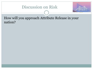 Discussion on Risk
How will you approach Attribute Release in your
nation?
 