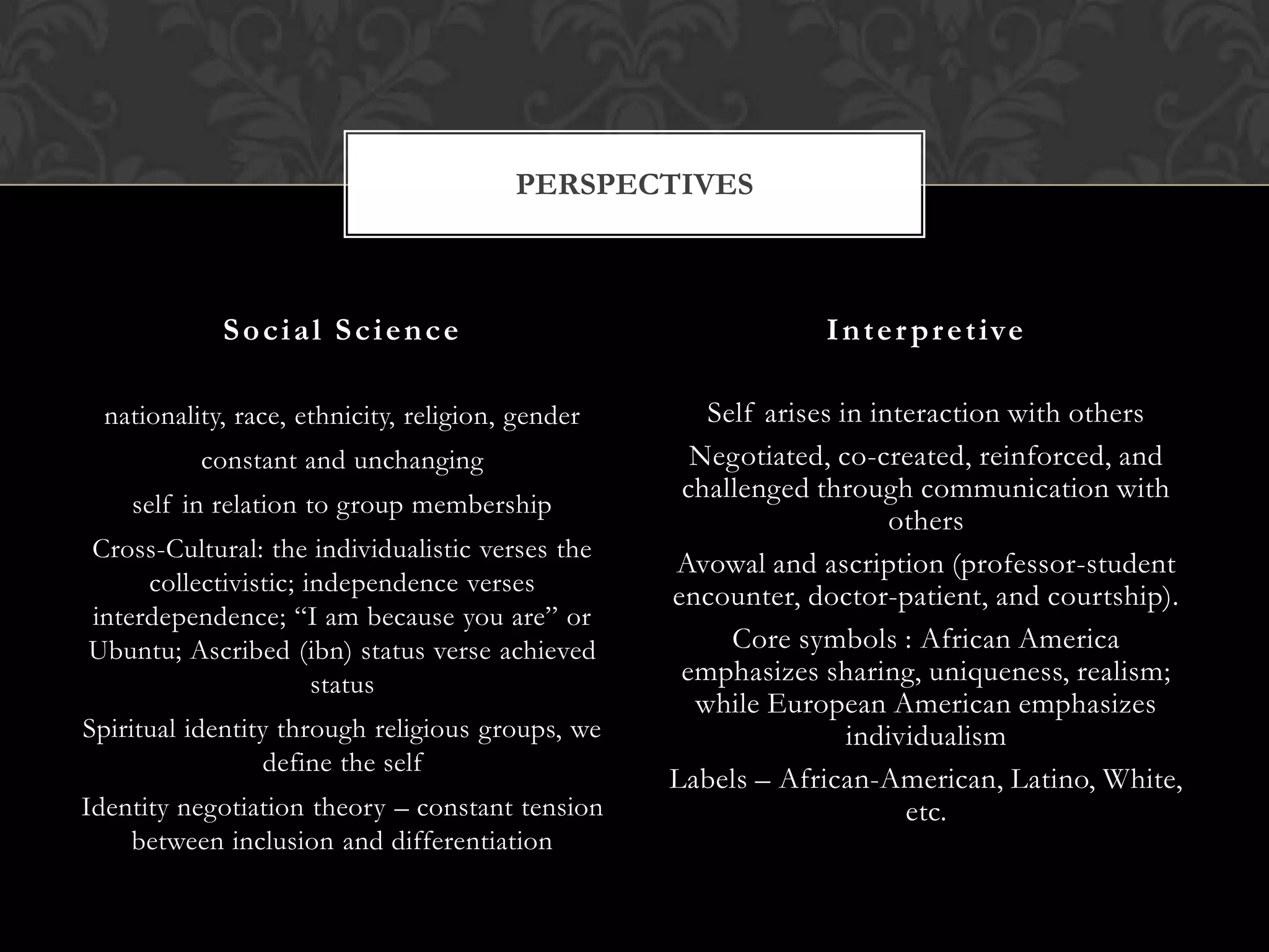PERSPECTIVES



             Social Science                                    I n t e r p r e t ive

  nationality, race, ethnicity, religion, gender      Self arises in interaction with others
           constant and unchanging                   Negotiated, co-created, reinforced, and
                                                    challenged through communication with
    self in relation to group membership
                                                                       others
Cross-Cultural: the individualistic verses the
                                                   Avowal and ascription (professor-student
     collectivistic; independence verses           encounter, doctor-patient, and courtship).
interdependence; “I am because you are” or
Ubuntu; Ascribed (ibn) status verse achieved            Core symbols : African America
                      status                        emphasizes sharing, uniqueness, realism;
                                                     while European American emphasizes
Spiritual identity through religious groups, we                    individualism
                  define the self
                                                   Labels – African-American, Latino, White,
Identity negotiation theory – constant tension                          etc.
    between inclusion and differentiation
 