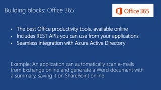 • The best Office productivity tools, available online
• Includes REST APIs you can use from your applications
• Seamless integration with Azure Active Directory
Example: An application can automatically scan e-mails
from Exchange online and generate a Word document with
a summary, saving it on SharePoint online
Building blocks: Office 365
 