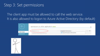 The client app must be allowed to call the web service.
It is also allowed to logon to Azure Active Directory (by default)
Step 3: Set permissions
 