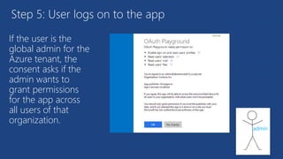 Step 5: User logs on to the app
If the user is the
global admin for the
Azure tenant, the
consent asks if the
admin wants to
grant permissions
for the app across
all users of that
organization.
admin
 