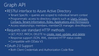 Graph API
• RESTful interface to Azure Active Directory
• Tenant Specific – queries are scoped to individual tenant context
• Programmatic access to directory objects such as Users, Groups,
Contacts, Tenant Information, Roles, Applications and Permissions
• Access relationships: members, memberOf, manager, directReports
• Requests use standard HTTP methods
• GET, POST, PATCH, DELETE to create, read, update, and delete
• Response support JSON, XML, standard HTTP status codes
• Compatible with OData V3
• OAuth 2.0 Support
• Both Client Credentials and Authorization Code flow
 
