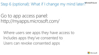 Go to app access panel:
http://myapps.microsoft.com/
 Where users see apps they have access to
 Includes apps they’ve consented to
 Users can revoke consented apps
Step 6 (optional): What if I change my mind later?
 