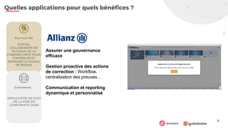 7
Quelles applications pour quels bénéfices ?
PORTAIL
COLLABORATIF DE
PILOTAGE DE LA
CYBERSÉCURITÉ POUR
CONTRÔLER ET
DIMINUER LE NIVEAU
DE RISQUE
APPLICATION DE SUIVI
DE LA MISE EN
CONFORMITÉ DORA
PILOTAGE SSI
CONFORMITÉ
Assurer une gouvernance
efficace
Gestion proactive des actions
de correction : Workflow,
centralisation des preuves…
Communication et reporting
dynamique et personnalisé
 