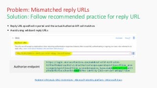 Solution: Follow recommended practice for reply URL
 Reply URL specified in portal and the actual Authorize API call matches
 Avoid using wildcard reply URLs
Azure Portal
Redirect URI (reply URL) restrictions - Microsoft identity platform | Microsoft Docs
https://login.microsoftonline.com/ea4db1e7-6f2f-427f-a7c8-
92755aff68a4/oauth2/v2.0/authorize?scope=openid+profile+offline_acce
ss+openid+profile+offline_access&response_type=code&redirect_uri=htt
p%3a%2f%2flocalhost%3a8080%2fms-identity-java-servlet-webapp-roles
Problem: Mismatched reply URLs
 