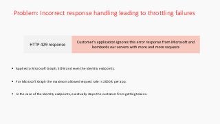 Problem: Incorrect response handling leading to throttling failures
 Applies to Microsoft Graph, SCIM and even the Identity endpoints.
 For Microsoft Graph the maximum allowed request rate is 2000/s per app.
 In the case of the Identity endpoints, eventually stops the customer from getting tokens.
 
