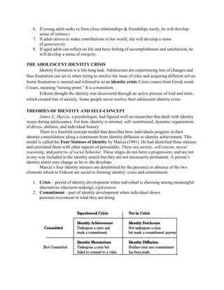 6. If young adult seeks to form close relationships & friendships easily, he will develop
      sense of intimacy
   7. If adult strives to make contributions to her world, she will develop a sense
      of generativity.
   8. If aged adult can reflect on life and have feeling of accomplishment and satisfaction, he
      will develop a sense of integrity.

THE ADOLESCENT IDENTITY CRISIS
        Identity Formation is a life-long task. Adolescents are experiencing lots of changes and
thus frustration can set in when trying to resolve the issue of roles and acquiring different selves.
Some frustration is normal and referred to as an identity crisis. Crisis comes from Greek word,
Creses, meaning “turning point.” It is a transition.
        Erikson thought the identity was discovered through an active process of trial and error,
which created lots of anxiety. Some people never resolve their adolescent identity crisis.

THEORIES OF IDENTITY AND SELF-CONCEPT
        James E. Marcia, a psychologist, had figured well on researches that dealt with identity
issues during adolescence. For him, identity is internal, self–constructed, dynamic organization
of drives, abilities, and individual history.
        There is a fourfold concept model that describes how individuals progress in their
identity consolidation along a continuum from identity diffusion to identity achievement. This
model is called the Four Statuses of Identity by Marcia (1991). He had identified these statuses
and correlated them with other aspects of personality. These are anxiety, self-esteem, moral
reasoning, and patterns of social behavior. These stages do not form a progression; and are not
in any way included in the identity search but they are not necessarily permanent. A person’s
identity status may change as he or she develops.
        Marcia’s four identity statuses are determined by the presence or absence of the two
elements which to Erikson are social to forming identity: crisis and commitment.

   1. Crisis – period of identity development when individual is choosing among meaningful
      alternatives (decision-making); exploration
   2. Commitment – part of identity development when individual shows
      personal investment in what they are doing
 