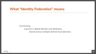 What “Identity Federation” means
Connecting,
a person's digital identity and attributes,
stored across multiple distinct trust domains
12
 