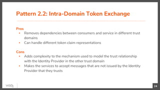 Pattern 2.2: Intra-Domain Token Exchange
Pros
▪ Removes dependencies between consumers and service in different trust
domains
▪ Can handle different token claim representations
Cons
▪ Adds complexity to the mechanism used to model the trust relationship
with the Identity Provider in the other trust domain
▪ Makes the services to accept messages that are not issued by the Identity
Provider that they trusts
24
 