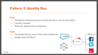 Pattern 3: Identity Bus
Pros
▪ Simplicity introducing new trusted domains / service providers
▪ Loosely coupled
▪ Reduces deployment complexity
Cons
▪ Increased latency due to the intermediate bus
▪ Single point of failure
26
 