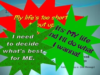 1. Jesus identifies with your
disappointment in how life turned out.
  What actually took place is this: I tried keeping rules and
  working my head off to please God, and it didn’t work. So I quit
  being a "law person" so that I could be God’s person. Christ’s life
  showed me how, and enabled me to do it. I identified myself
  completely with Him. Indeed, I have been crucified with Christ.
  My ego is no longer central. It is no longer important that I
  appear righteous before you or have your good opinion, and I
  am no longer driven to impress God. Christ lives in me. The life
  you see me living is not "mine”;
  but it is lived by faith in the Son of God, who loved
  me and gave himself for me. I am not going to go
  back on that.
                                          Galatians 2:19-21 (the Message)
 