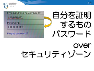 19 
自分を証明 
するもの 
パスワード 
over 
セキュリティゾーン 
 