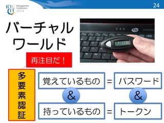 バーチャル 
ワールド 
多 
覚えているもの 
要 
素 
認 
証 持っているもの 
パスワード 
＆ ＆ 
トークン 
= 
= 
再注目だ！ 
24 
 