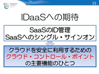 IDaaSへの期待 
SaaSのID管理 
SaaSへのシングル・サインオン 
クラウドを安全に利用するための 
クラウド・コントロール・ポイント 
の主要機能のひとつ 
52 
 