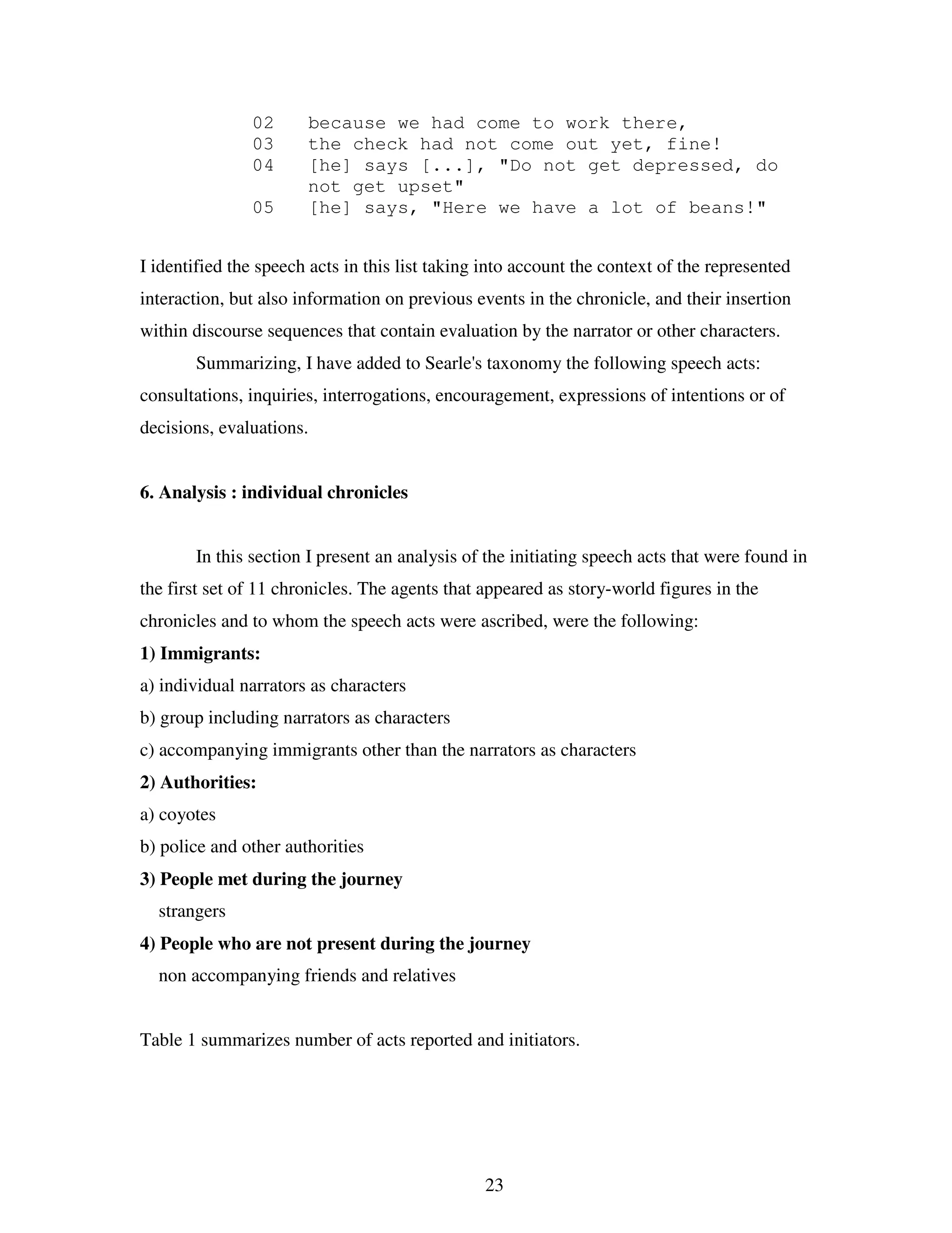 23
02 because we had come to work there,
03 the check had not come out yet, fine!
04 [he] says [...], "Do not get depressed, do
not get upset"
05 [he] says, "Here we have a lot of beans!"
I identified the speech acts in this list taking into account the context of the represented
interaction, but also information on previous events in the chronicle, and their insertion
within discourse sequences that contain evaluation by the narrator or other characters.
Summarizing, I have added to Searle's taxonomy the following speech acts:
consultations, inquiries, interrogations, encouragement, expressions of intentions or of
decisions, evaluations.
6. Analysis : individual chronicles
In this section I present an analysis of the initiating speech acts that were found in
the first set of 11 chronicles. The agents that appeared as story-world figures in the
chronicles and to whom the speech acts were ascribed, were the following:
1) Immigrants:
a) individual narrators as characters
b) group including narrators as characters
c) accompanying immigrants other than the narrators as characters
2) Authorities:
a) coyotes
b) police and other authorities
3) People met during the journey
strangers
4) People who are not present during the journey
non accompanying friends and relatives
Table 1 summarizes number of acts reported and initiators.
 