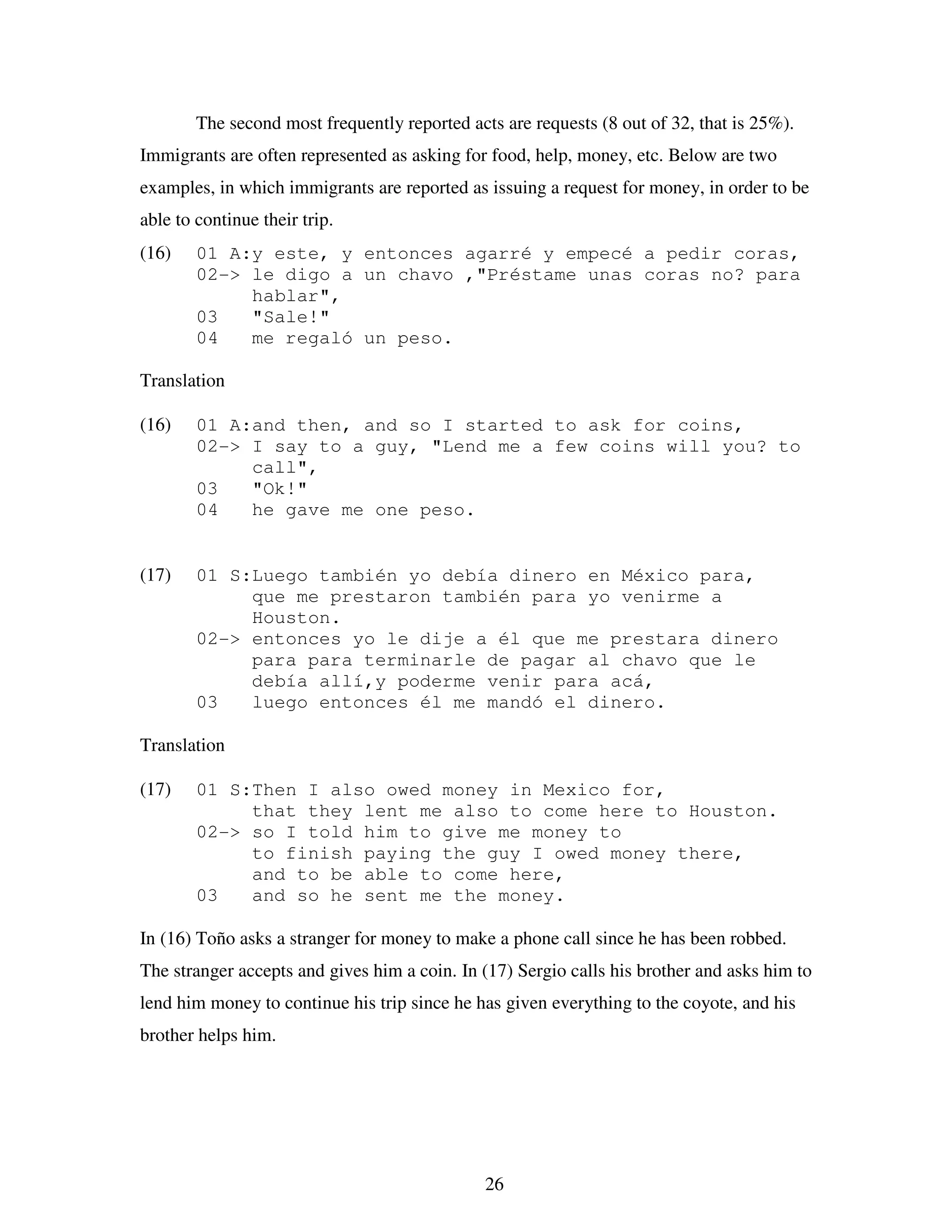 26
The second most frequently reported acts are requests (8 out of 32, that is 25%).
Immigrants are often represented as asking for food, help, money, etc. Below are two
examples, in which immigrants are reported as issuing a request for money, in order to be
able to continue their trip.
(16) 01 A:y este, y entonces agarré y empecé a pedir coras,
02-> le digo a un chavo ,"Préstame unas coras no? para
hablar",
03 "Sale!"
04 me regaló un peso.
Translation
(16) 01 A:and then, and so I started to ask for coins,
02-> I say to a guy, "Lend me a few coins will you? to
call",
03 "Ok!"
04 he gave me one peso.
(17) 01 S:Luego también yo debía dinero en México para,
que me prestaron también para yo venirme a
Houston.
02-> entonces yo le dije a él que me prestara dinero
para para terminarle de pagar al chavo que le
debía allí,y poderme venir para acá,
03 luego entonces él me mandó el dinero.
Translation
(17) 01 S:Then I also owed money in Mexico for,
that they lent me also to come here to Houston.
02-> so I told him to give me money to
to finish paying the guy I owed money there,
and to be able to come here,
03 and so he sent me the money.
In (16) Toño asks a stranger for money to make a phone call since he has been robbed.
The stranger accepts and gives him a coin. In (17) Sergio calls his brother and asks him to
lend him money to continue his trip since he has given everything to the coyote, and his
brother helps him.
 