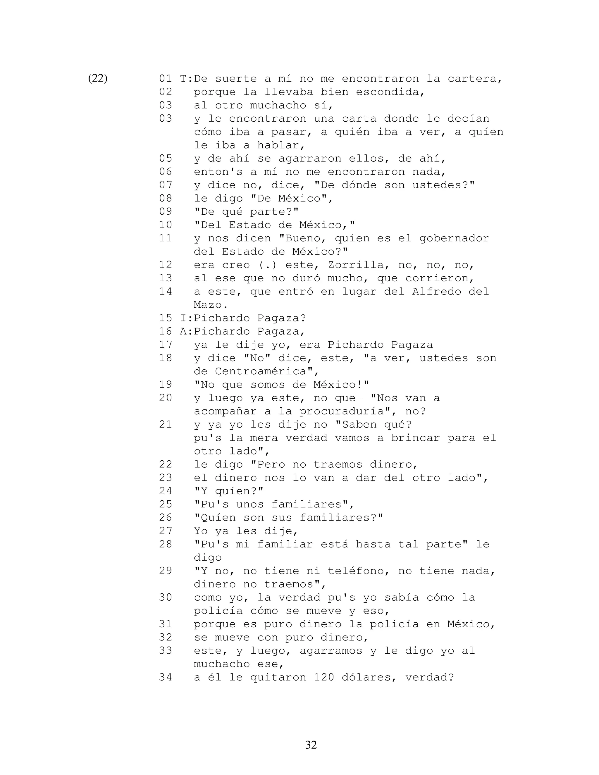 32
(22) 01 T:De suerte a mí no me encontraron la cartera,
02 porque la llevaba bien escondida,
03 al otro muchacho sí,
03 y le encontraron una carta donde le decían
cómo iba a pasar, a quién iba a ver, a quíen
le iba a hablar,
05 y de ahí se agarraron ellos, de ahí,
06 enton's a mí no me encontraron nada,
07 y dice no, dice, "De dónde son ustedes?"
08 le digo "De México",
09 "De qué parte?"
10 "Del Estado de México,"
11 y nos dicen "Bueno, quíen es el gobernador
del Estado de México?"
12 era creo (.) este, Zorrilla, no, no, no,
13 al ese que no duró mucho, que corrieron,
14 a este, que entró en lugar del Alfredo del
Mazo.
15 I:Pichardo Pagaza?
16 A:Pichardo Pagaza,
17 ya le dije yo, era Pichardo Pagaza
18 y dice "No" dice, este, "a ver, ustedes son
de Centroamérica",
19 "No que somos de México!"
20 y luego ya este, no que- "Nos van a
acompañar a la procuraduría", no?
21 y ya yo les dije no "Saben qué?
pu's la mera verdad vamos a brincar para el
otro lado",
22 le digo "Pero no traemos dinero,
23 el dinero nos lo van a dar del otro lado",
24 "Y quíen?"
25 "Pu's unos familiares",
26 "Quíen son sus familiares?"
27 Yo ya les dije,
28 "Pu's mi familiar está hasta tal parte" le
digo
29 "Y no, no tiene ni teléfono, no tiene nada,
dinero no traemos",
30 como yo, la verdad pu's yo sabía cómo la
policía cómo se mueve y eso,
31 porque es puro dinero la policía en México,
32 se mueve con puro dinero,
33 este, y luego, agarramos y le digo yo al
muchacho ese,
34 a él le quitaron 120 dólares, verdad?
 