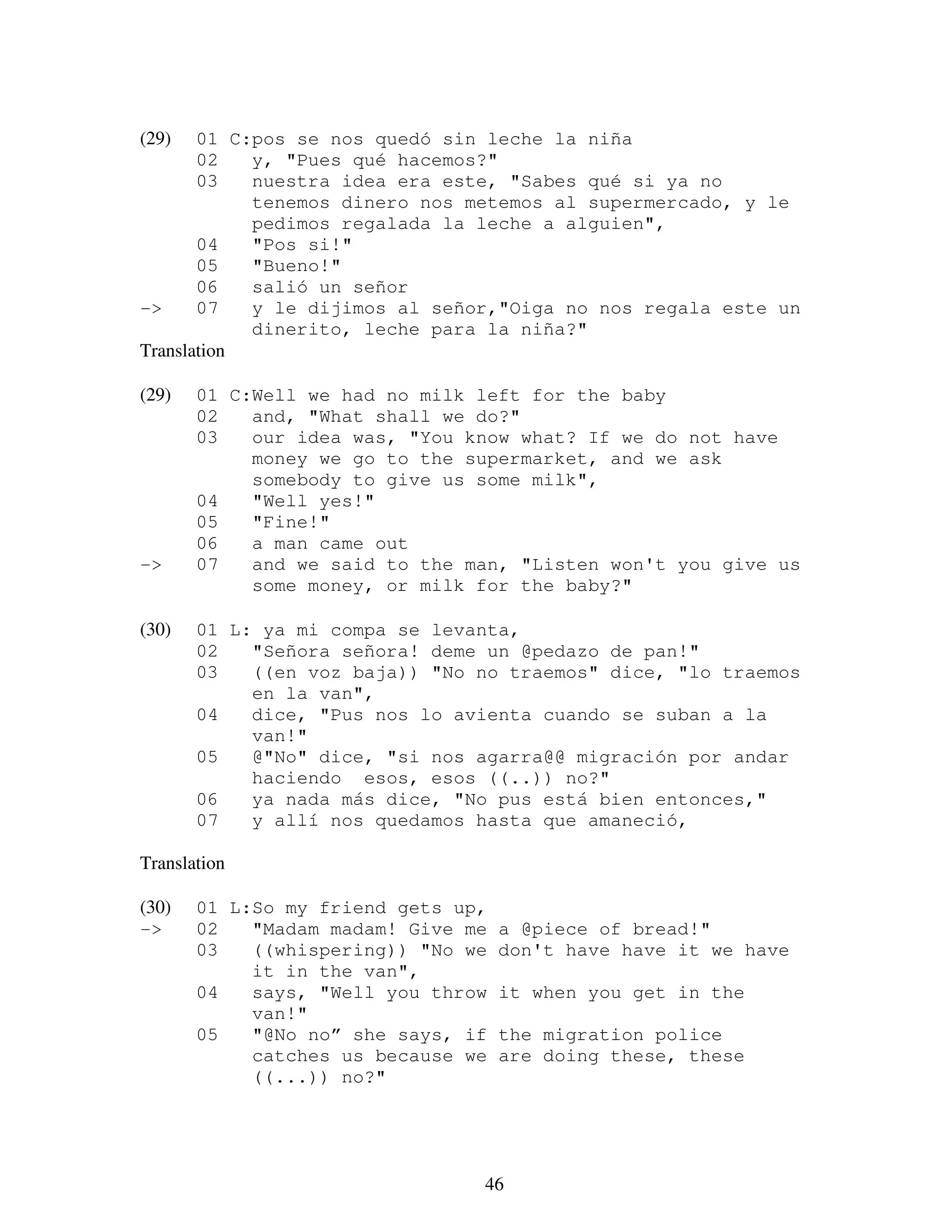 46
(29) 01 C:pos se nos quedó sin leche la niña
02 y, "Pues qué hacemos?"
03 nuestra idea era este, "Sabes qué si ya no
tenemos dinero nos metemos al supermercado, y le
pedimos regalada la leche a alguien",
04 "Pos si!"
05 "Bueno!"
06 salió un señor
-> 07 y le dijimos al señor,"Oiga no nos regala este un
dinerito, leche para la niña?"
Translation
(29) 01 C:Well we had no milk left for the baby
02 and, "What shall we do?"
03 our idea was, "You know what? If we do not have
money we go to the supermarket, and we ask
somebody to give us some milk",
04 "Well yes!"
05 "Fine!"
06 a man came out
-> 07 and we said to the man, "Listen won't you give us
some money, or milk for the baby?"
(30) 01 L: ya mi compa se levanta,
02 "Señora señora! deme un @pedazo de pan!"
03 ((en voz baja)) "No no traemos" dice, "lo traemos
en la van",
04 dice, "Pus nos lo avienta cuando se suban a la
van!"
05 @"No" dice, "si nos agarra@@ migración por andar
haciendo esos, esos ((..)) no?"
06 ya nada más dice, "No pus está bien entonces,"
07 y allí nos quedamos hasta que amaneció,
Translation
(30) 01 L:So my friend gets up,
-> 02 "Madam madam! Give me a @piece of bread!"
03 ((whispering)) "No we don't have have it we have
it in the van",
04 says, "Well you throw it when you get in the
van!"
05 "@No no” she says, if the migration police
catches us because we are doing these, these
((...)) no?"
 