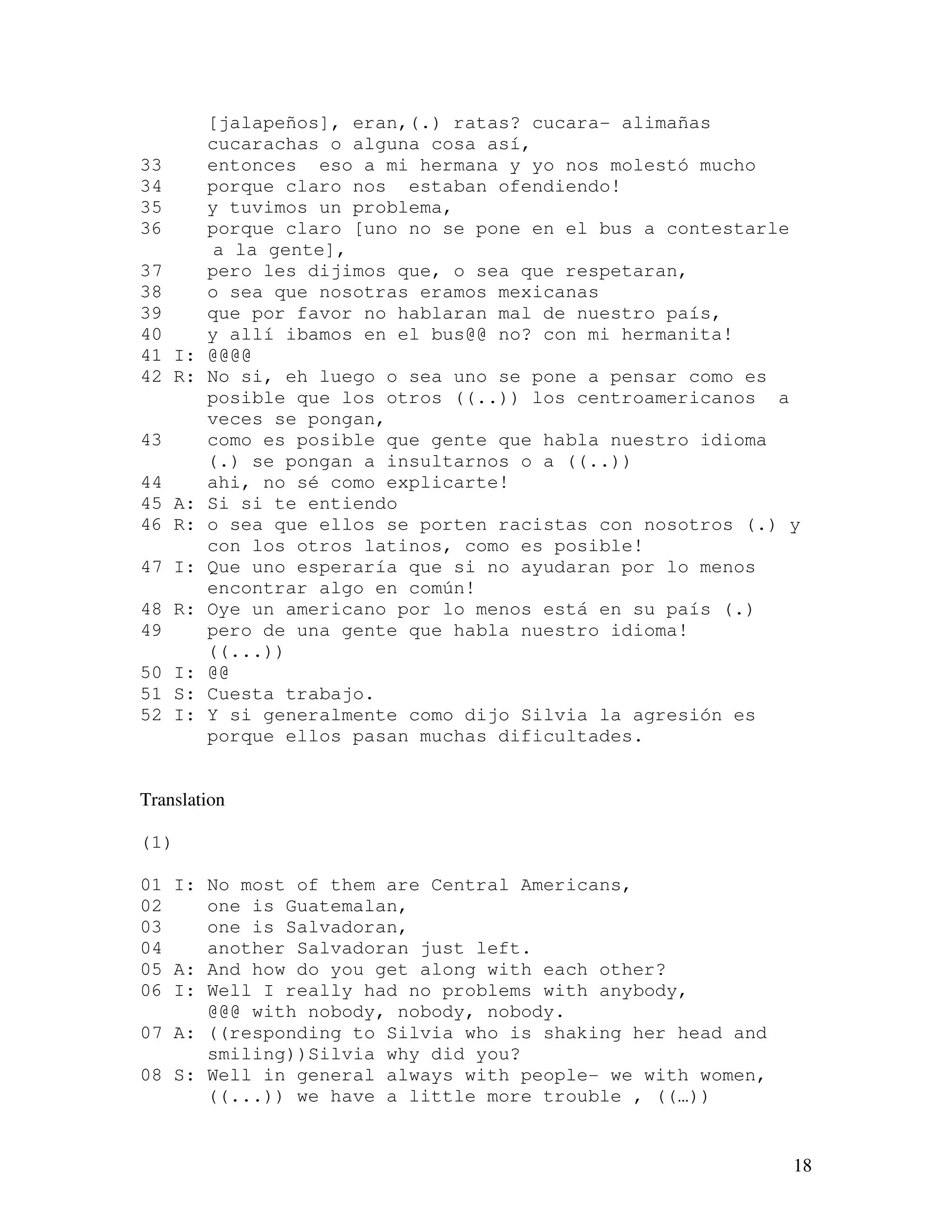 18
[jalapeños], eran,(.) ratas? cucara- alimañas
cucarachas o alguna cosa así,
33 entonces eso a mi hermana y yo nos molestó mucho
34 porque claro nos estaban ofendiendo!
35 y tuvimos un problema,
36 porque claro [uno no se pone en el bus a contestarle
a la gente],
37 pero les dijimos que, o sea que respetaran,
38 o sea que nosotras eramos mexicanas
39 que por favor no hablaran mal de nuestro país,
40 y allí ibamos en el bus@@ no? con mi hermanita!
41 I: @@@@
42 R: No si, eh luego o sea uno se pone a pensar como es
posible que los otros ((..)) los centroamericanos a
veces se pongan,
43 como es posible que gente que habla nuestro idioma
(.) se pongan a insultarnos o a ((..))
44 ahi, no sé como explicarte!
45 A: Si si te entiendo
46 R: o sea que ellos se porten racistas con nosotros (.) y
con los otros latinos, como es posible!
47 I: Que uno esperaría que si no ayudaran por lo menos
encontrar algo en común!
48 R: Oye un americano por lo menos está en su país (.)
49 pero de una gente que habla nuestro idioma!
((...))
50 I: @@
51 S: Cuesta trabajo.
52 I: Y si generalmente como dijo Silvia la agresión es
porque ellos pasan muchas dificultades.
Translation
(1)
01 I: No most of them are Central Americans,
02 one is Guatemalan,
03 one is Salvadoran,
04 another Salvadoran just left.
05 A: And how do you get along with each other?
06 I: Well I really had no problems with anybody,
@@@ with nobody, nobody, nobody.
07 A: ((responding to Silvia who is shaking her head and
smiling))Silvia why did you?
08 S: Well in general always with people- we with women,
((...)) we have a little more trouble , ((…))
 