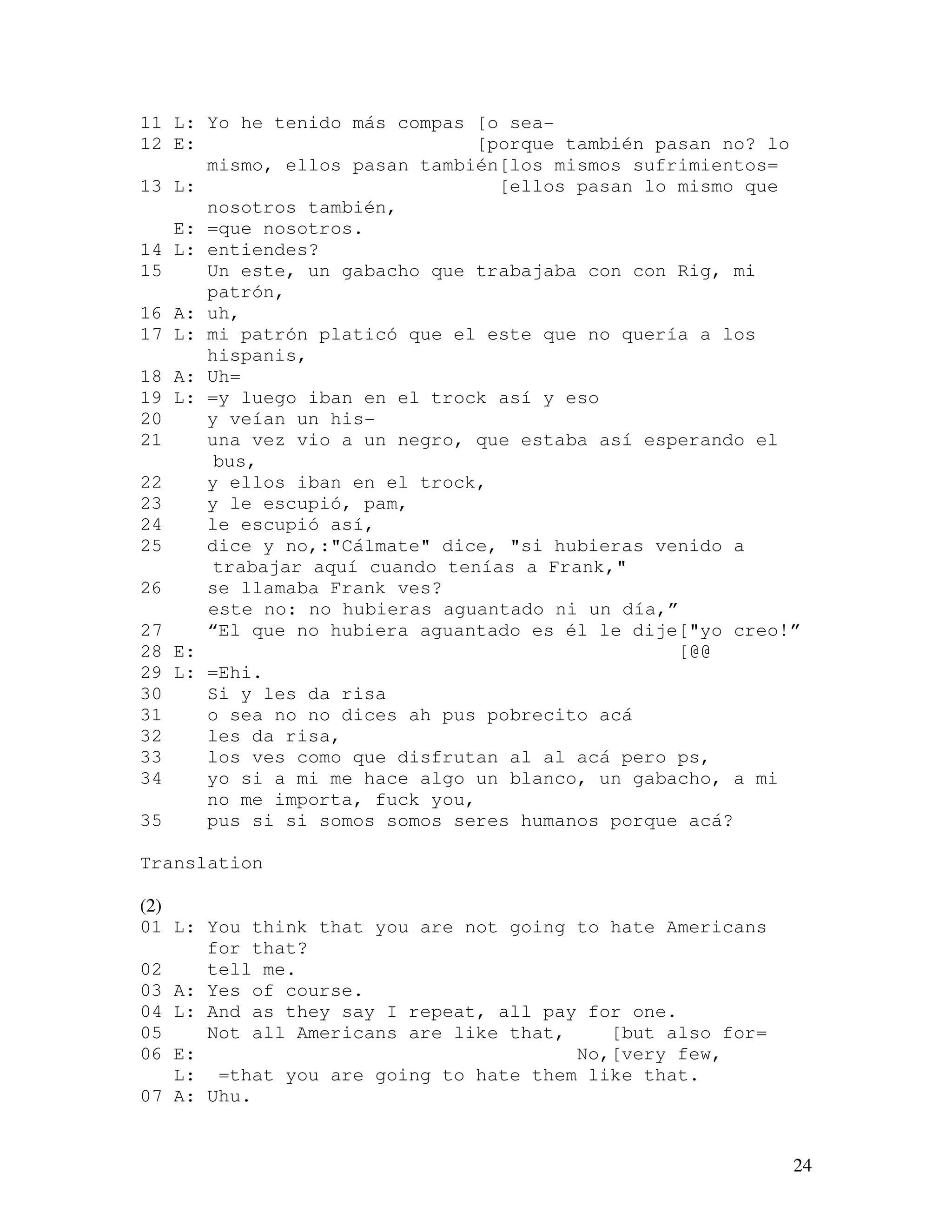 24
11 L: Yo he tenido más compas [o sea-
12 E: [porque también pasan no? lo
mismo, ellos pasan también[los mismos sufrimientos=
13 L: [ellos pasan lo mismo que
nosotros también,
E: =que nosotros.
14 L: entiendes?
15 Un este, un gabacho que trabajaba con con Rig, mi
patrón,
16 A: uh,
17 L: mi patrón platicó que el este que no quería a los
hispanis,
18 A: Uh=
19 L: =y luego iban en el trock así y eso
20 y veían un his-
21 una vez vio a un negro, que estaba así esperando el
bus,
22 y ellos iban en el trock,
23 y le escupió, pam,
24 le escupió así,
25 dice y no,:"Cálmate" dice, "si hubieras venido a
trabajar aquí cuando tenías a Frank,"
26 se llamaba Frank ves?
este no: no hubieras aguantado ni un día,”
27 “El que no hubiera aguantado es él le dije["yo creo!”
28 E: [@@
29 L: =Ehi.
30 Si y les da risa
31 o sea no no dices ah pus pobrecito acá
32 les da risa,
33 los ves como que disfrutan al al acá pero ps,
34 yo si a mi me hace algo un blanco, un gabacho, a mi
no me importa, fuck you,
35 pus si si somos somos seres humanos porque acá?
Translation
(2)
01 L: You think that you are not going to hate Americans
for that?
02 tell me.
03 A: Yes of course.
04 L: And as they say I repeat, all pay for one.
05 Not all Americans are like that, [but also for=
06 E: No,[very few,
L: =that you are going to hate them like that.
07 A: Uhu.
 