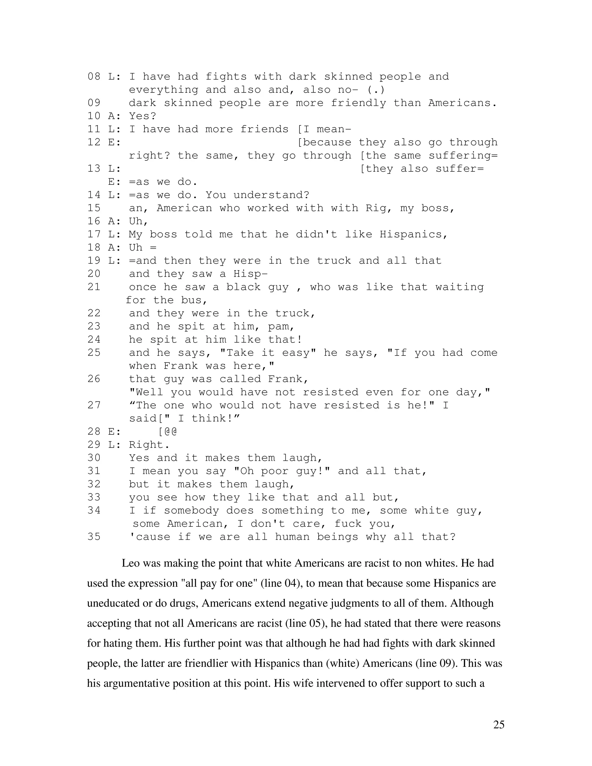 25
08 L: I have had fights with dark skinned people and
everything and also and, also no- (.)
09 dark skinned people are more friendly than Americans.
10 A: Yes?
11 L: I have had more friends [I mean-
12 E: [because they also go through
right? the same, they go through [the same suffering=
13 L: [they also suffer=
E: =as we do.
14 L: =as we do. You understand?
15 an, American who worked with with Rig, my boss,
16 A: Uh,
17 L: My boss told me that he didn't like Hispanics,
18 A: Uh =
19 L: =and then they were in the truck and all that
20 and they saw a Hisp-
21 once he saw a black guy , who was like that waiting
for the bus,
22 and they were in the truck,
23 and he spit at him, pam,
24 he spit at him like that!
25 and he says, "Take it easy" he says, "If you had come
when Frank was here,"
26 that guy was called Frank,
"Well you would have not resisted even for one day,"
27 “The one who would not have resisted is he!" I
said[" I think!”
28 E: [@@
29 L: Right.
30 Yes and it makes them laugh,
31 I mean you say "Oh poor guy!" and all that,
32 but it makes them laugh,
33 you see how they like that and all but,
34 I if somebody does something to me, some white guy,
some American, I don't care, fuck you,
35 'cause if we are all human beings why all that?
Leo was making the point that white Americans are racist to non whites. He had
used the expression "all pay for one" (line 04), to mean that because some Hispanics are
uneducated or do drugs, Americans extend negative judgments to all of them. Although
accepting that not all Americans are racist (line 05), he had stated that there were reasons
for hating them. His further point was that although he had had fights with dark skinned
people, the latter are friendlier with Hispanics than (white) Americans (line 09). This was
his argumentative position at this point. His wife intervened to offer support to such a
 