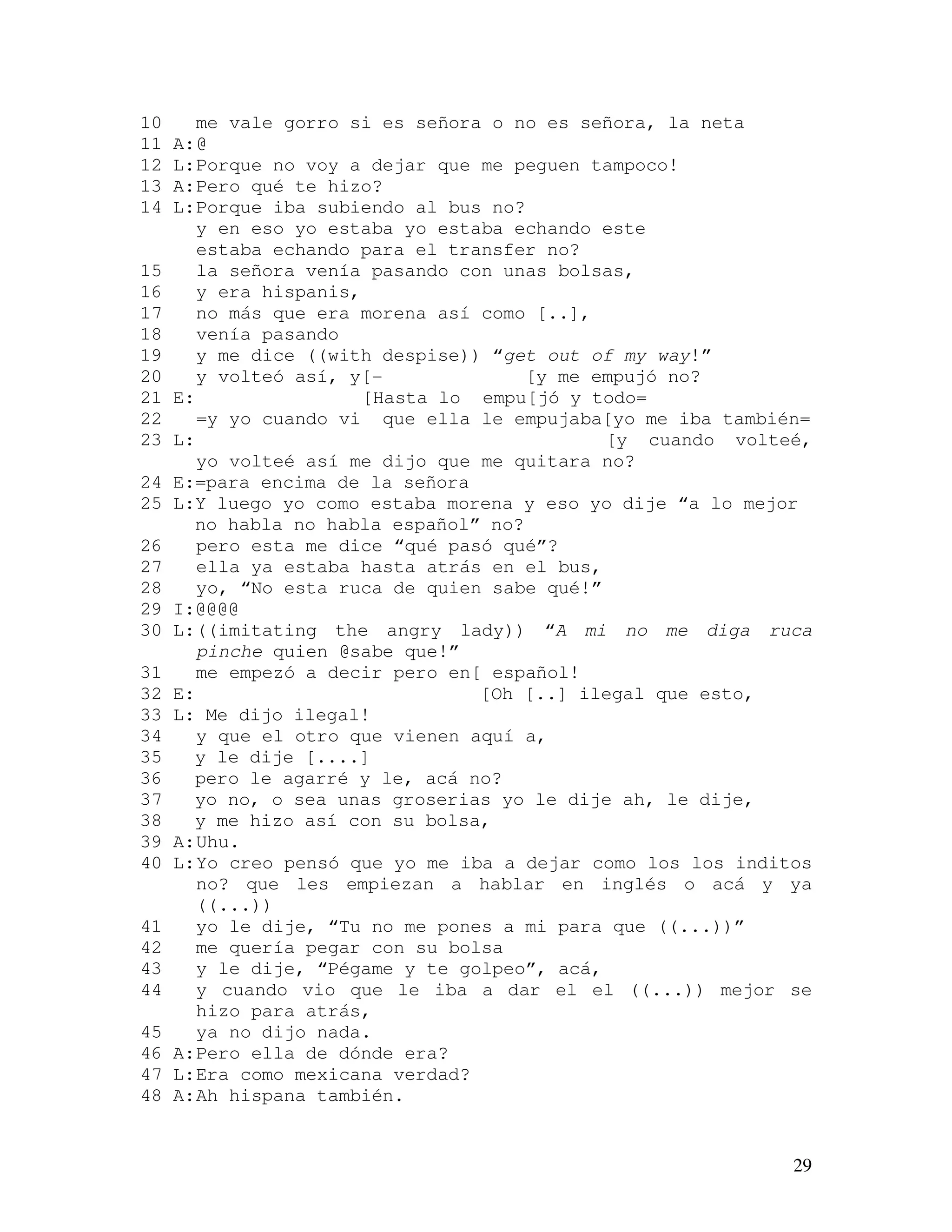 29
10 me vale gorro si es señora o no es señora, la neta
11 A:@
12 L:Porque no voy a dejar que me peguen tampoco!
13 A:Pero qué te hizo?
14 L:Porque iba subiendo al bus no?
y en eso yo estaba yo estaba echando este
estaba echando para el transfer no?
15 la señora venía pasando con unas bolsas,
16 y era hispanis,
17 no más que era morena así como [..],
18 venía pasando
19 y me dice ((with despise)) “get out of my way!”
20 y volteó así, y[- [y me empujó no?
21 E: [Hasta lo empu[jó y todo=
22 =y yo cuando vi que ella le empujaba[yo me iba también=
23 L: [y cuando volteé,
yo volteé así me dijo que me quitara no?
24 E:=para encima de la señora
25 L:Y luego yo como estaba morena y eso yo dije “a lo mejor
no habla no habla español” no?
26 pero esta me dice “qué pasó qué”?
27 ella ya estaba hasta atrás en el bus,
28 yo, “No esta ruca de quien sabe qué!”
29 I:@@@@
30 L:((imitating the angry lady)) “A mi no me diga ruca
pinche quien @sabe que!”
31 me empezó a decir pero en[ español!
32 E: [Oh [..] ilegal que esto,
33 L: Me dijo ilegal!
34 y que el otro que vienen aquí a,
35 y le dije [....]
36 pero le agarré y le, acá no?
37 yo no, o sea unas groserias yo le dije ah, le dije,
38 y me hizo así con su bolsa,
39 A:Uhu.
40 L:Yo creo pensó que yo me iba a dejar como los los inditos
no? que les empiezan a hablar en inglés o acá y ya
((...))
41 yo le dije, “Tu no me pones a mi para que ((...))”
42 me quería pegar con su bolsa
43 y le dije, “Pégame y te golpeo”, acá,
44 y cuando vio que le iba a dar el el ((...)) mejor se
hizo para atrás,
45 ya no dijo nada.
46 A:Pero ella de dónde era?
47 L:Era como mexicana verdad?
48 A:Ah hispana también.
 